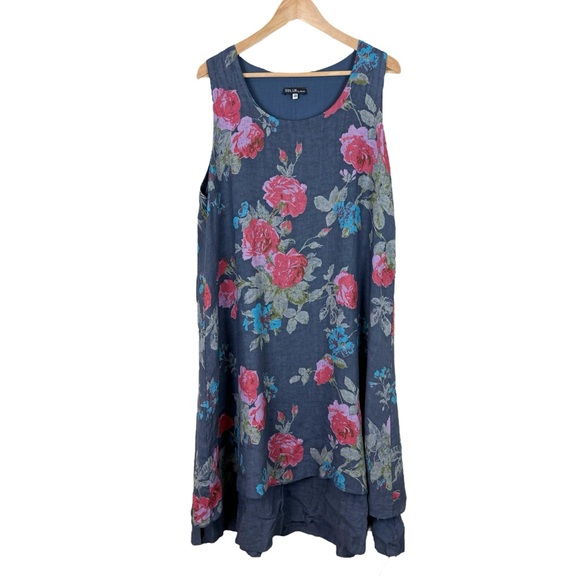 Strada Dresses & Skirts - Strada 100% Lin Linen Dress Size Large Floral Blue Sleeveless Long Lagenlook